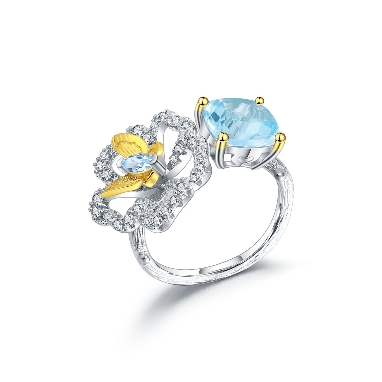 Designer Natural Yellow Crystal Ring Natural Style Butterfly Flower Design s925Silver Adjustable Open Ring