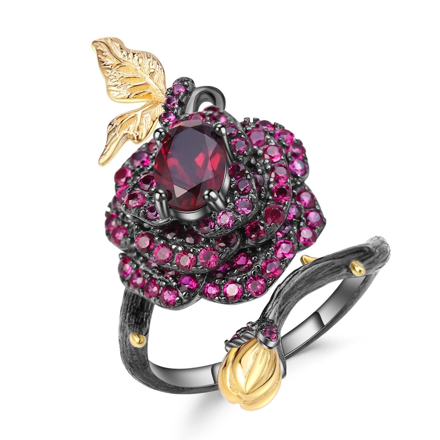 Secret Garden Designer Gemstone Ring Natural Style Rose Design s925Silver Natural Colored Gems Ring