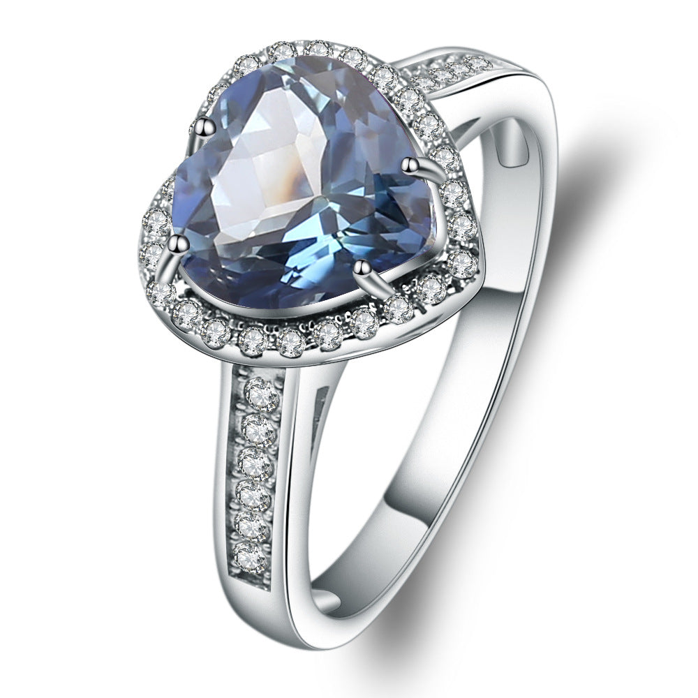Luxurious Design Heart Gemstone Inlaid Ring with High-end Sense and Elegant Temperament925Silver Color Gemstone Crystal Ring