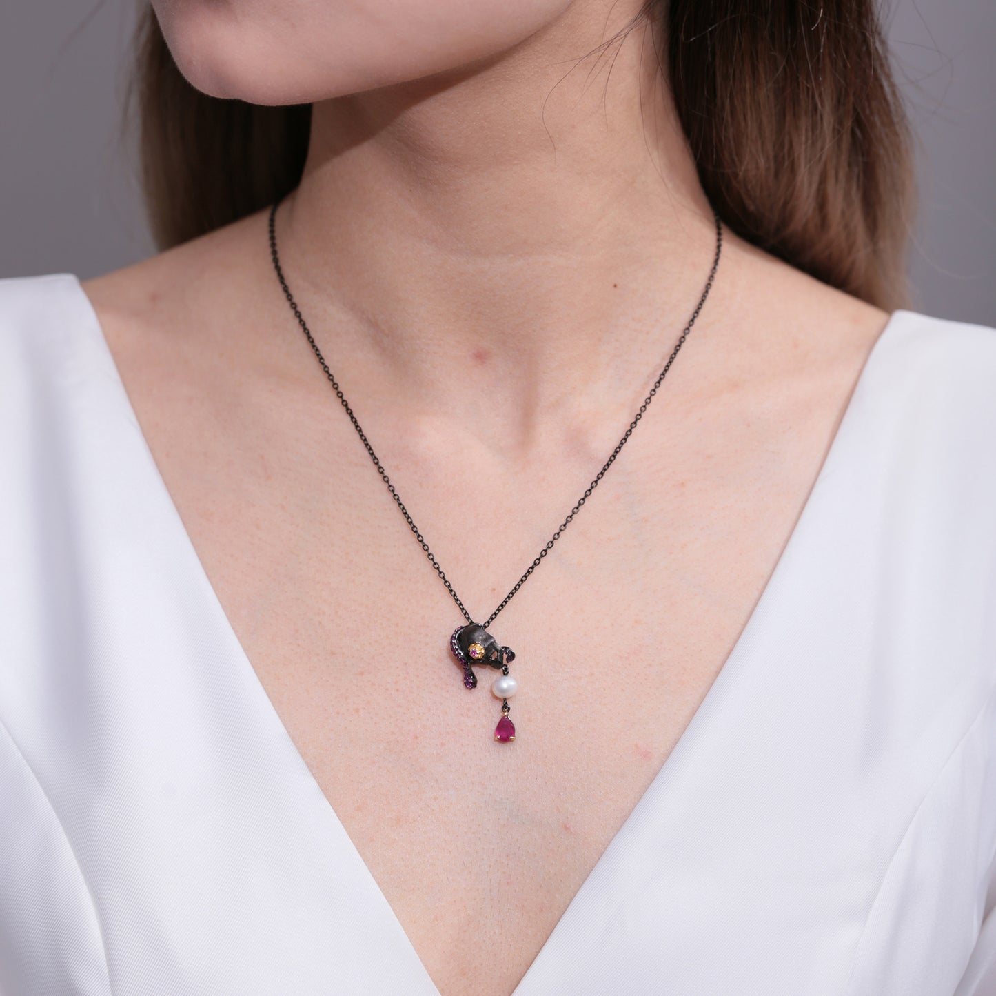 Freshwater Pearl Red Gemstone Necklace Clavicle Chain Trendy Original Necklace925Silver Dark Style Skull Pendant for Women