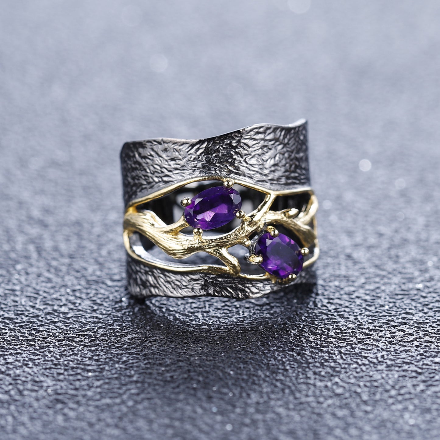 Secret Garden High-End Designer Ring Cracked Tree Branch s925Sterling Silver Inlaid Natural Gemstone Ring