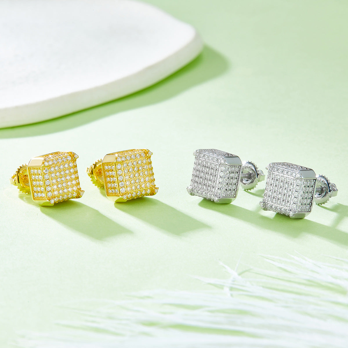 Luxurious Super Shiny Full Diamond Earrings s925Silver Inlaid Moissanite Earrings TikTok Hot Selling Gold Color Square Threaded Earrings