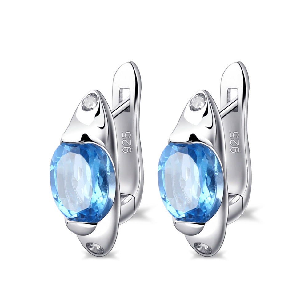 Fashion Simple Natural Stone Ear Studs Earrings Retro s925Silver Inlaid Colorful Gemstone Earrings