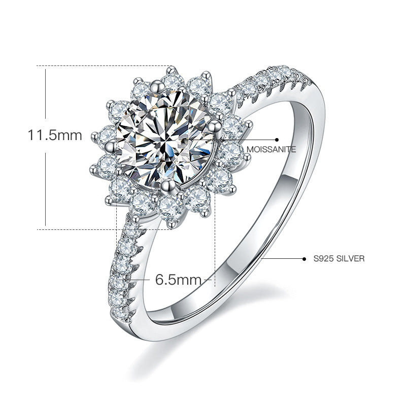 New Sunflower Natural Style Belt GRA Certificate Moissanite Ring s925Sterling Silver Inlaid1Carat Moissanite Ring