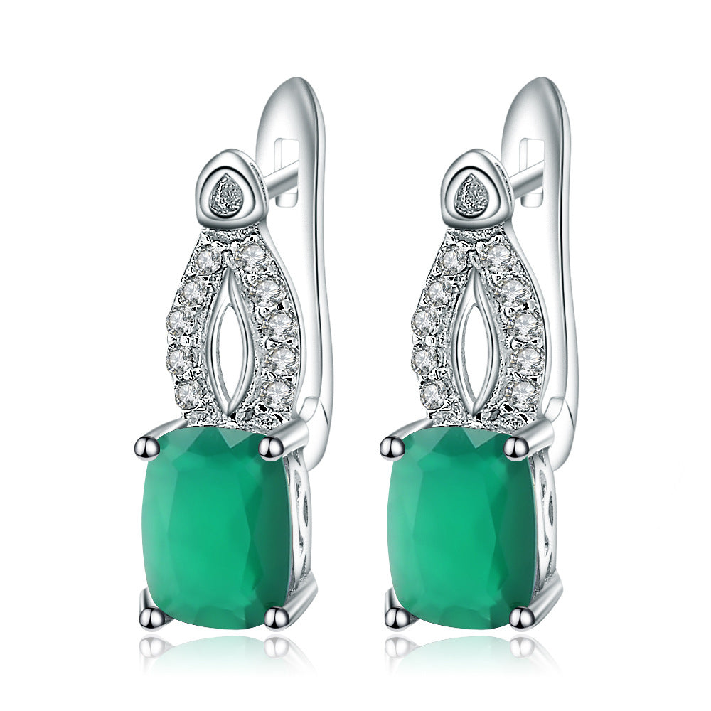 Natural Stone Green Agate Temperament Ear Studs Fashion s925Silver Plated Inlaid Gemstone Crystal Earrings Earrings