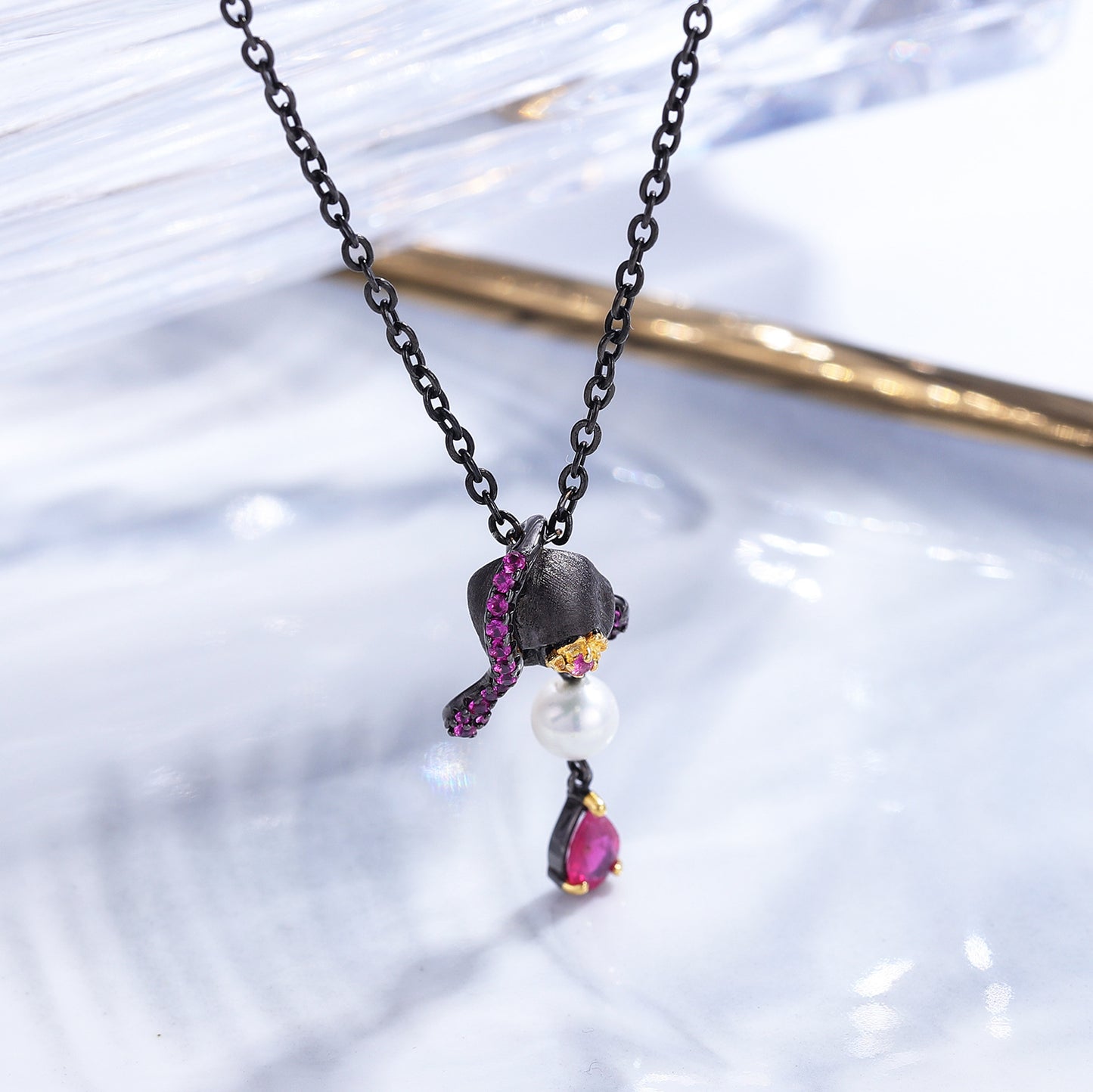 Freshwater Pearl Red Gemstone Necklace Clavicle Chain Trendy Original Necklace925Silver Dark Style Skull Pendant for Women