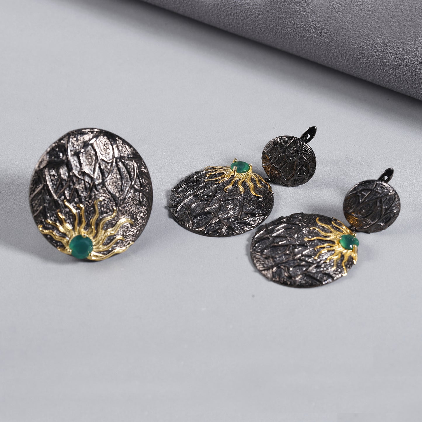 Designer Dark Retro Style Ring Shan Hai Jing Kuafu Chasing the Sun Design s925Silver natural gemstone ring
