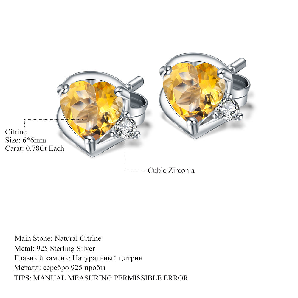 Natural Citrine Heart-Shaped Earrings Fashionable and Simple Style with Elegant Charm s925Silver Inlaid Natural Gemstone Earrings