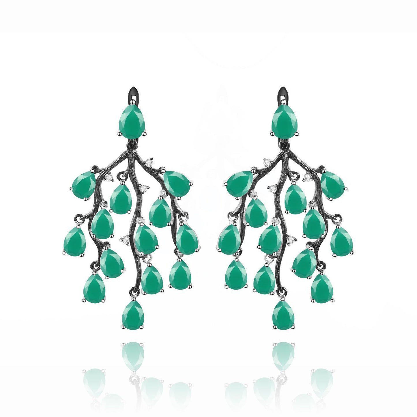 Designer High-End Green Agate Earrings Natural Willow Design s925Sterling Silver Natural Gemstone Earrings