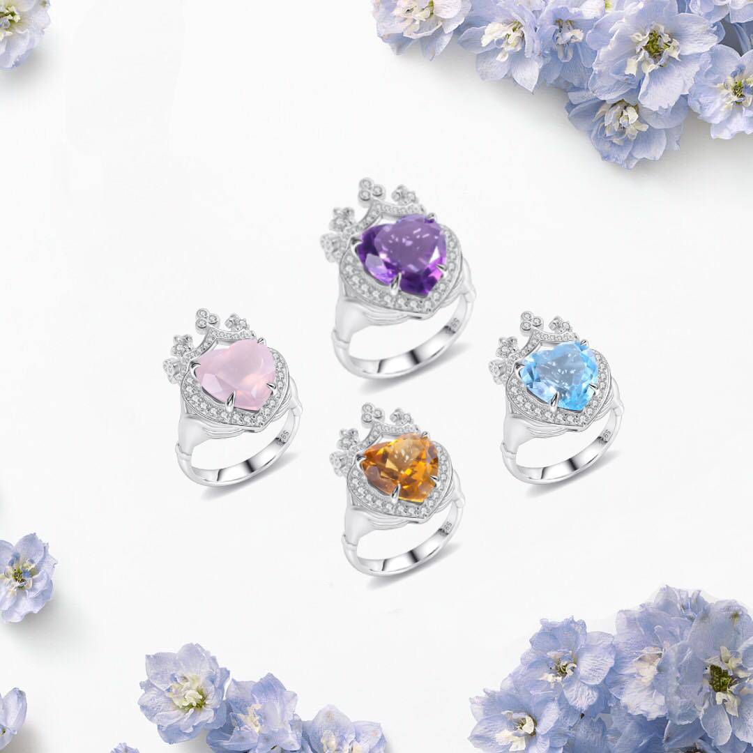 Special-interest design S925Sterling Silver Inlaid Natural Gemstone Crystal Ring Gift for Girls Crown Heart Ring
