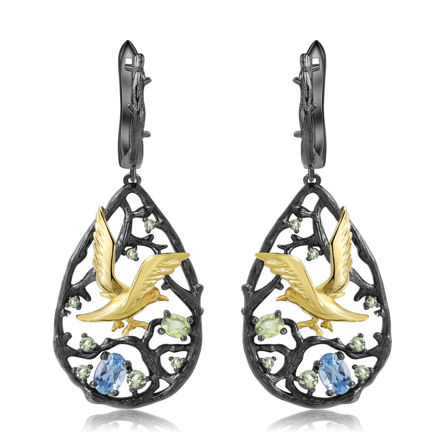 Bird's Paradise Original Design Earrings S925Sterling Silver Inlaid Natural Topaz Garnet Earrings Black