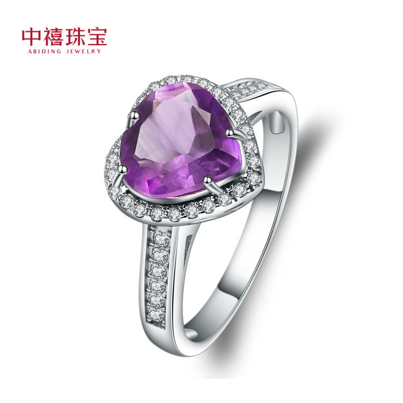 Luxurious Design Heart Natural Amethyst Ring Fashionable and sophisticated temperament925Silver Natural Colored Gems Ring