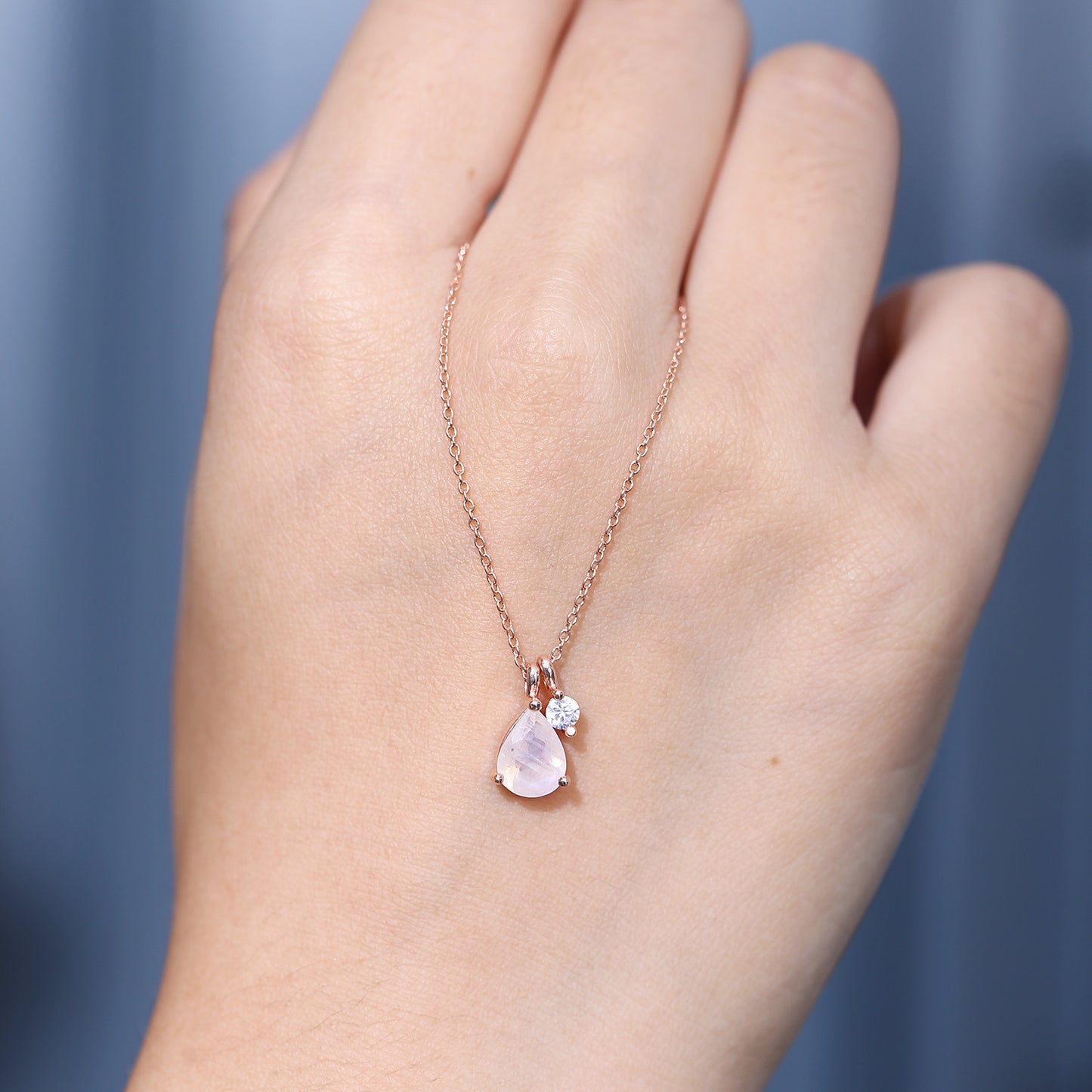 Korean and Japanese Natural Cream Blue Moonstone Pendant Cross-border s925Sterling Silver Inlaid Gemstone ins Rose Gold Wind Necklace