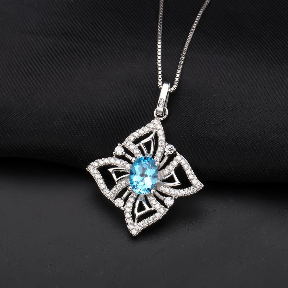 Design Light Luxury Jewelry Topaz Inlaid Sterling Silver Necklace Niche Design Petals Natural Colored Gems Pendant