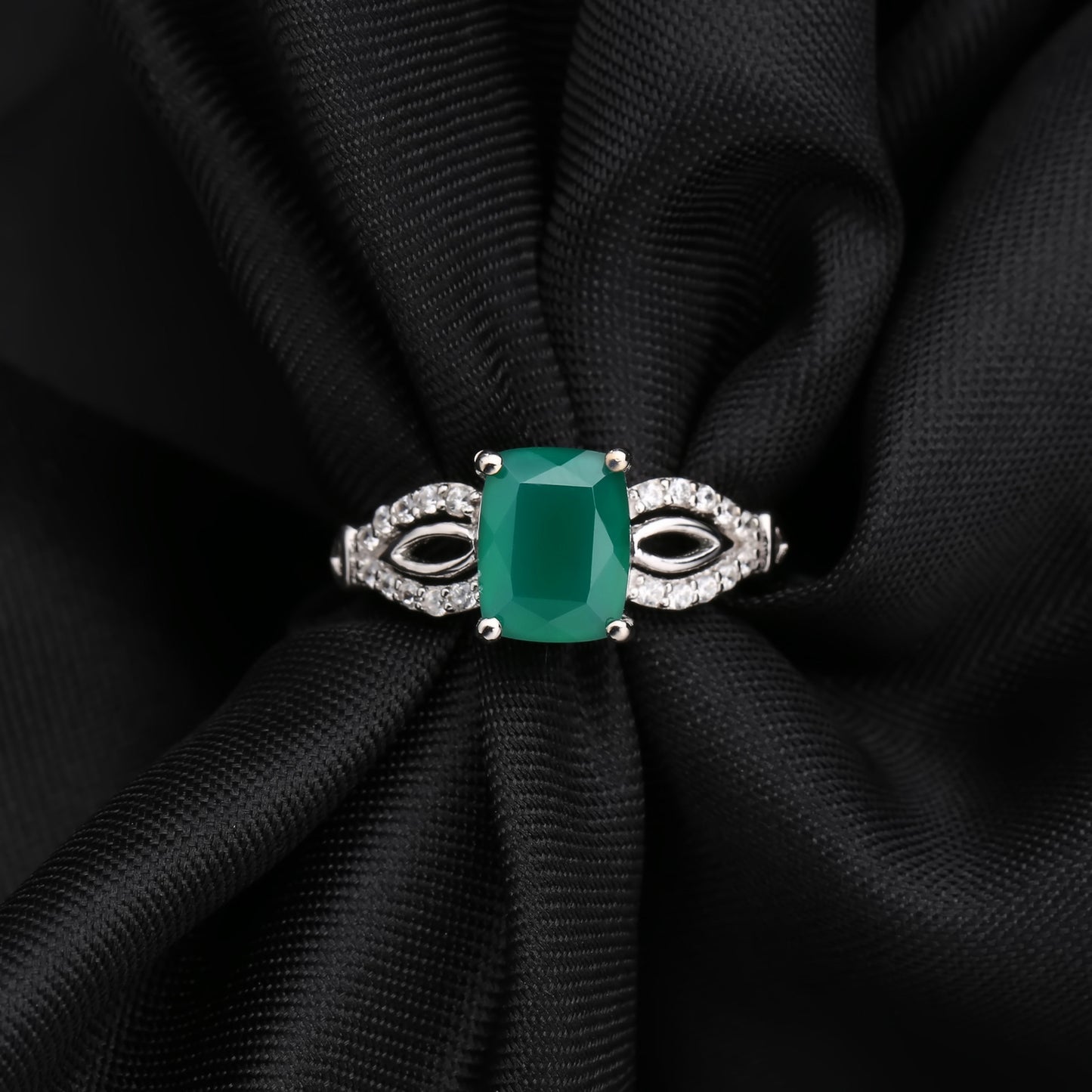 Fashionable Design Natural Gemstone Green Agate Ring Personality925Sterling Silver Square Gemstone Ring