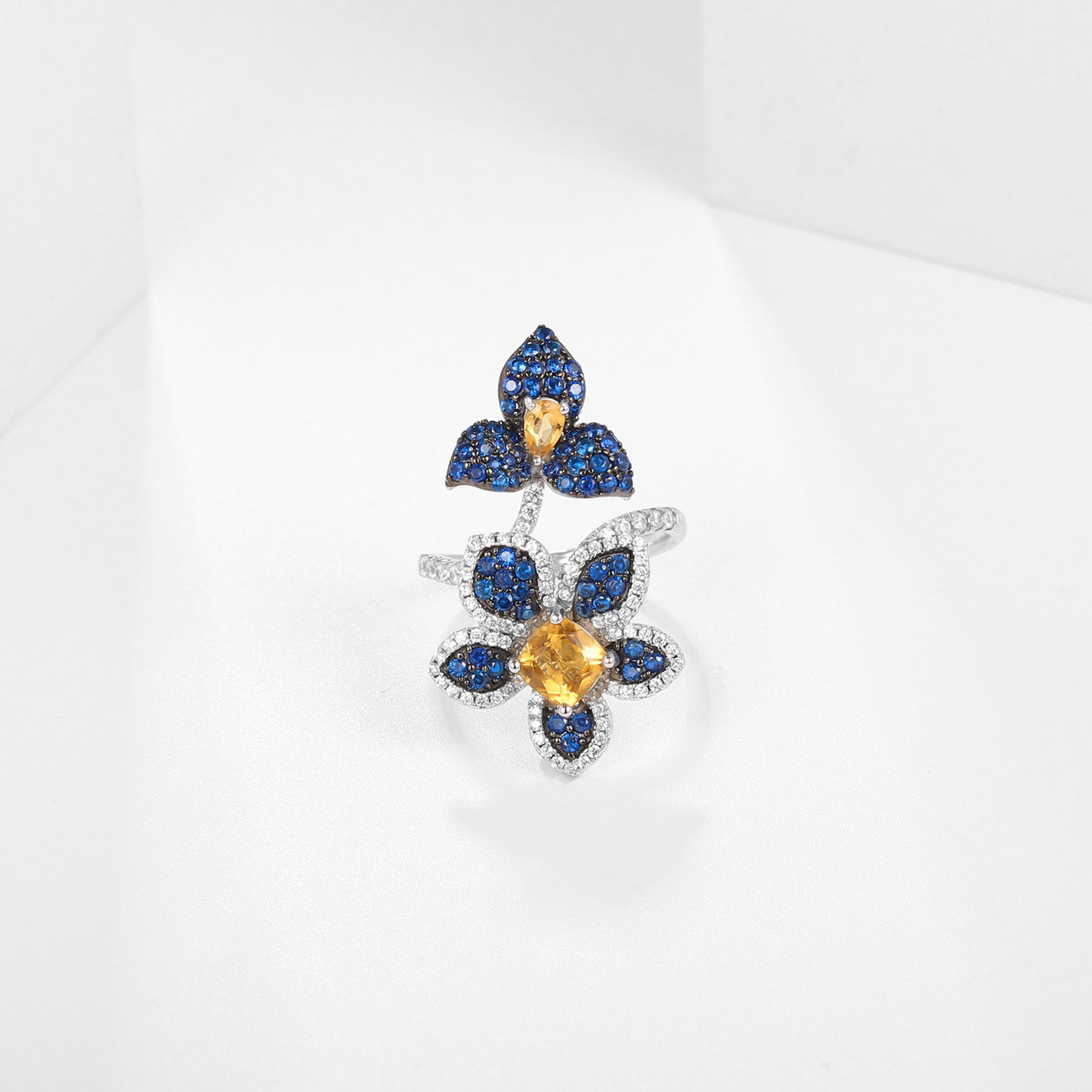 Designer Natural Yellow Crystal Ring Natural Style Series Floral Design s925Silver Inlaid Gemstone Ring