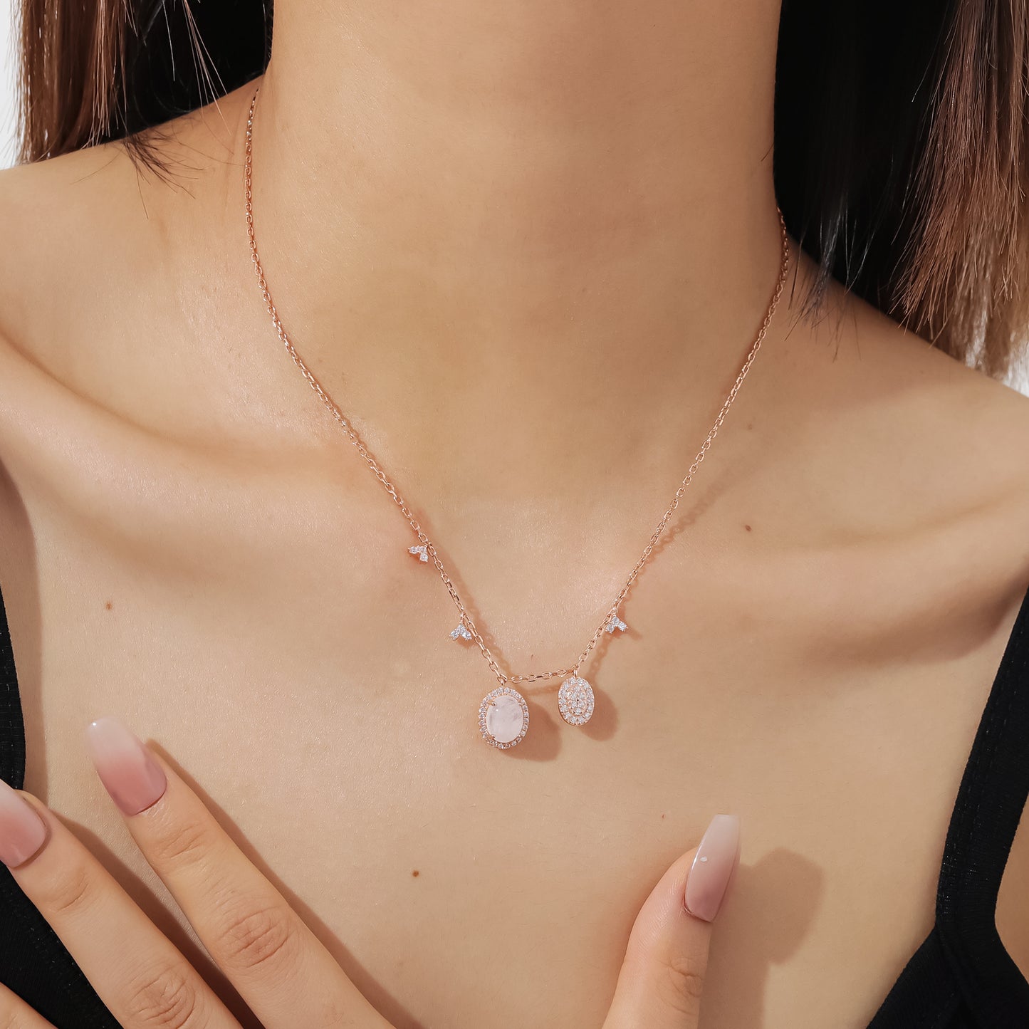 Personality s925Sterling Silver Clavicle Chain Plated18k Rose Gold2ct Natural Gemstone Niche Design Moonstone Necklace