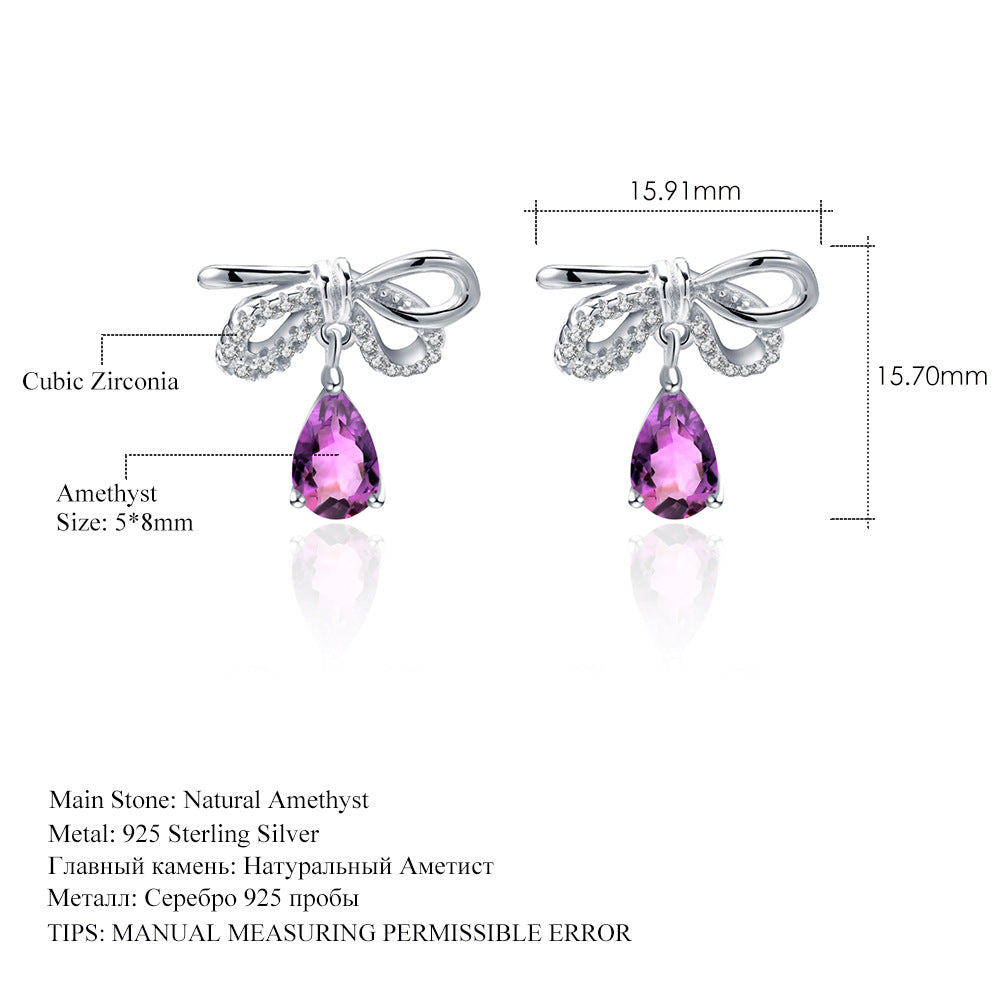 In-stock Sweet and Elegant Earrings Korean style bow tie s925Sterling Silver Inlaid Natural Gemstone Crystal Earrings Jewelry