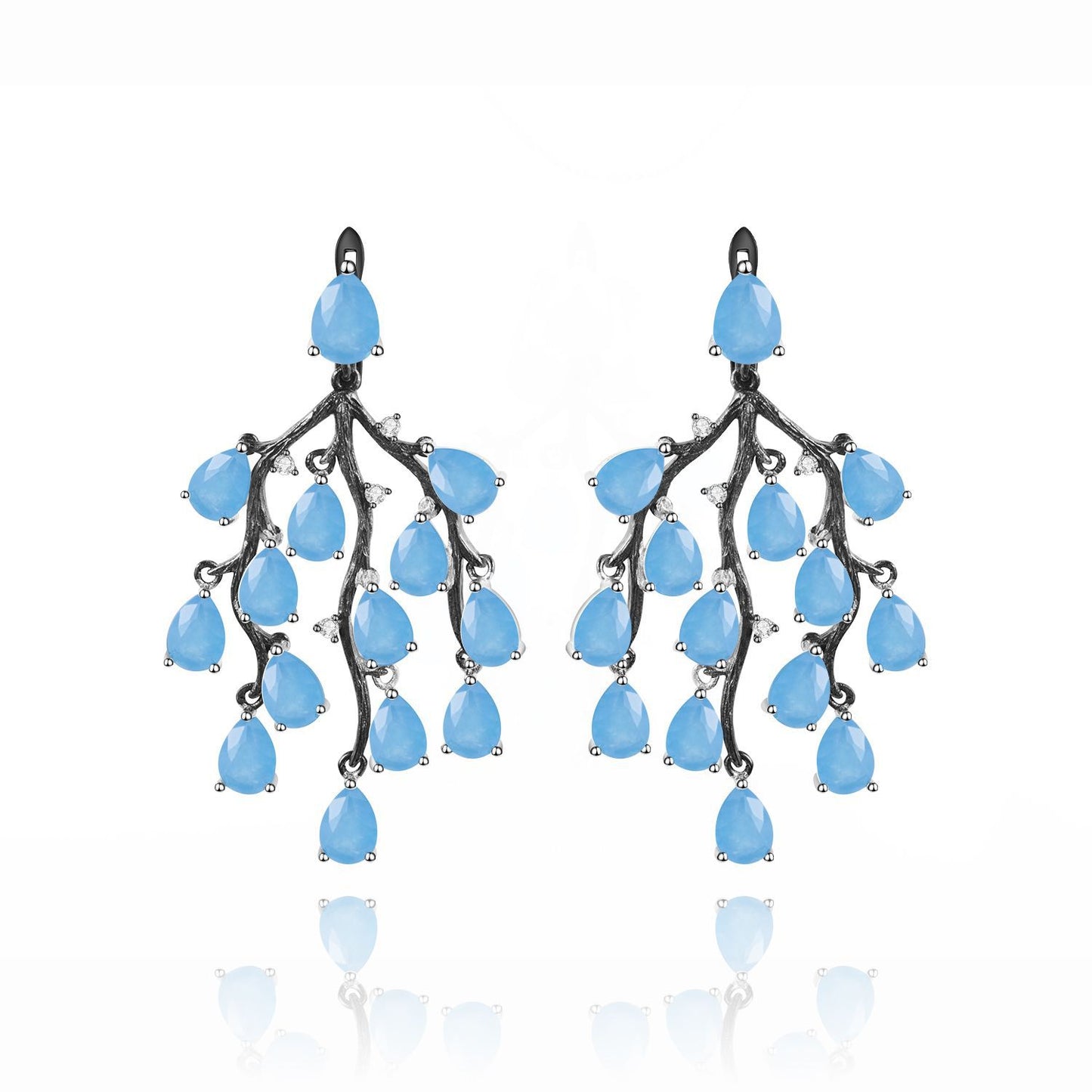 Designer High-End Green Agate Earrings Natural Willow Design s925Sterling Silver Natural Gemstone Earrings