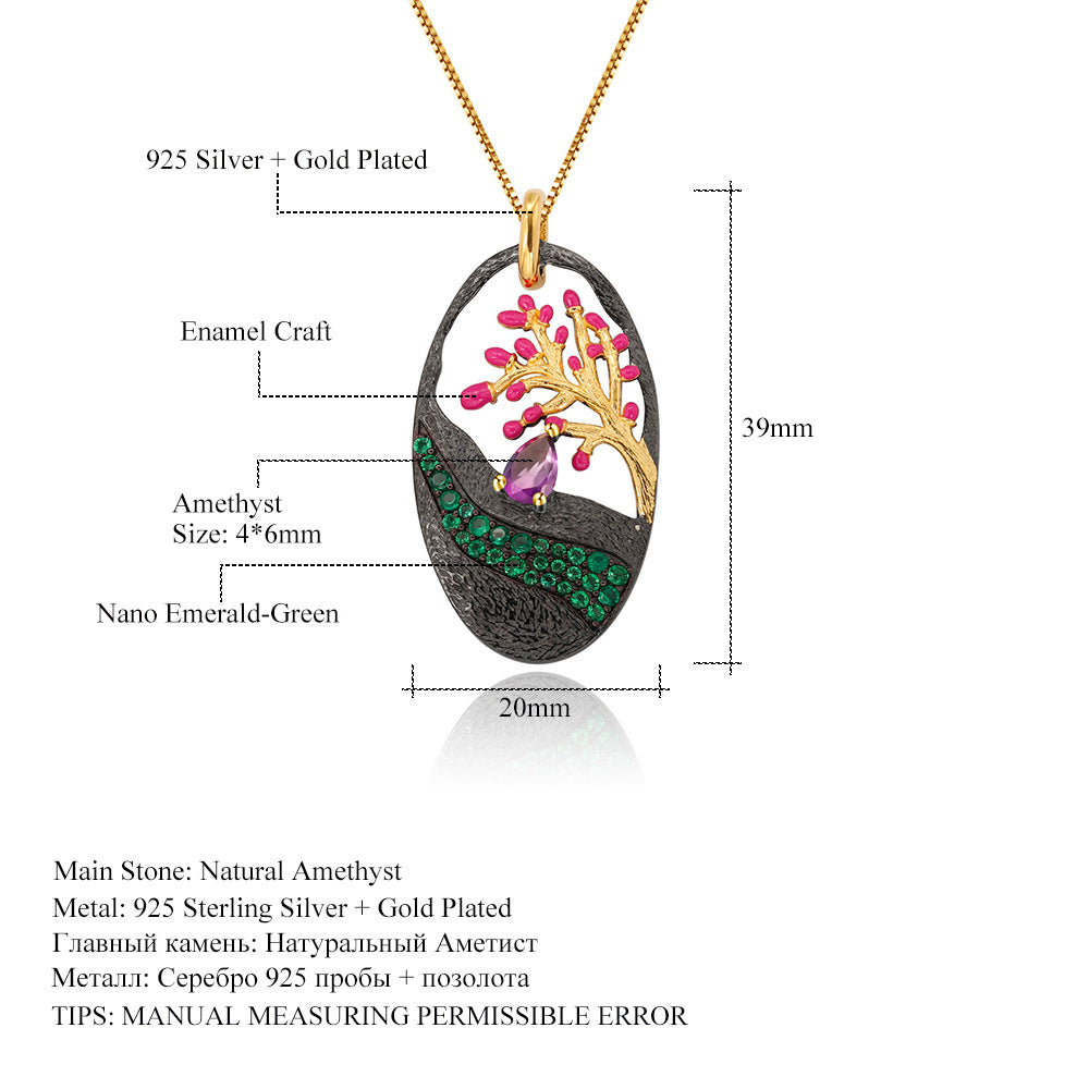 Italian Craft Designer Pendant Natural Style Tree of Life Design s925Sterling Silver Enamel Necklace Pendant