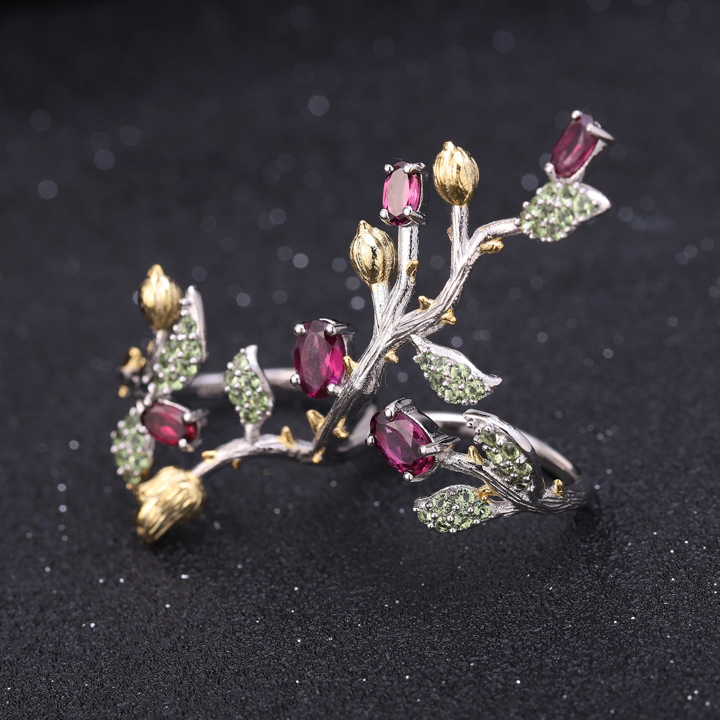 Vintage Plant Nature Style Designer Jewelry Adjustable Double Finger Ring s925Silver Natural Colored Gems Ring