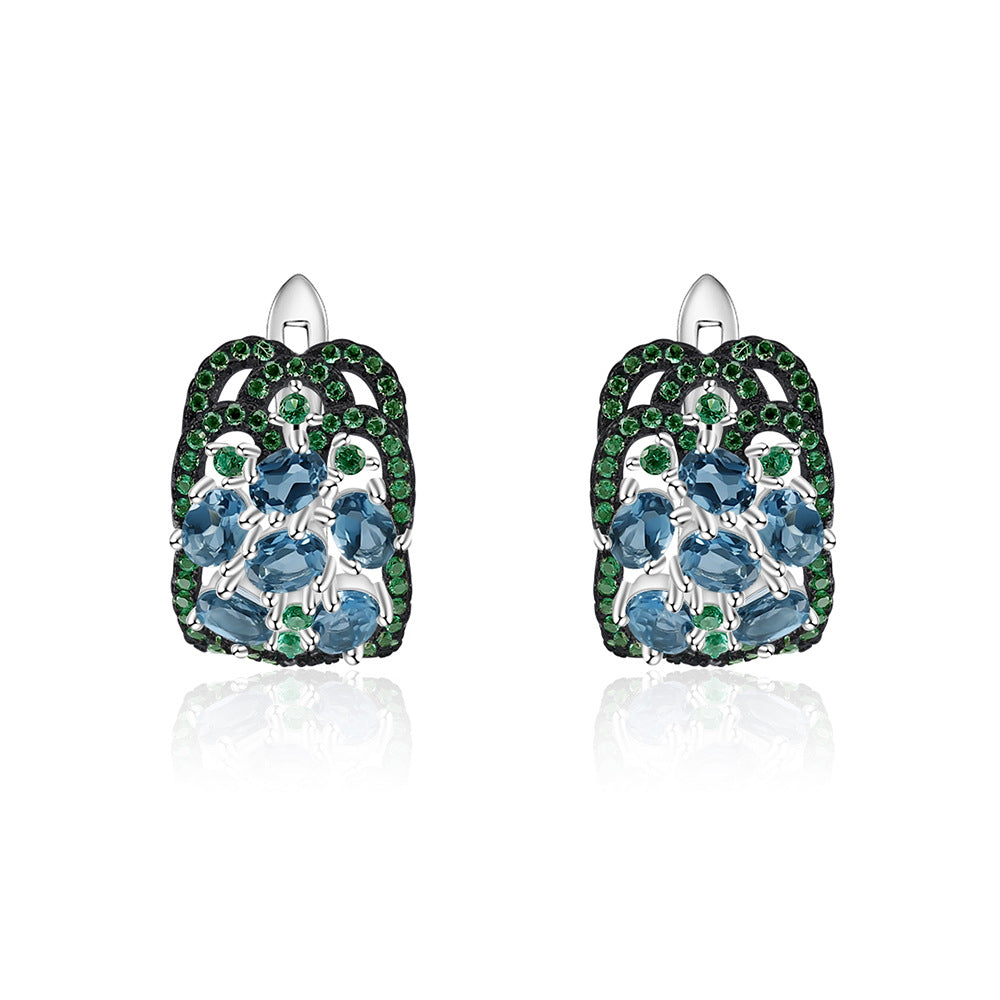 Luxurious and High-end Natural Rose Pomegranate Earrings Flourishing Series925Silver Inlaid Gemstone Stud Earrings