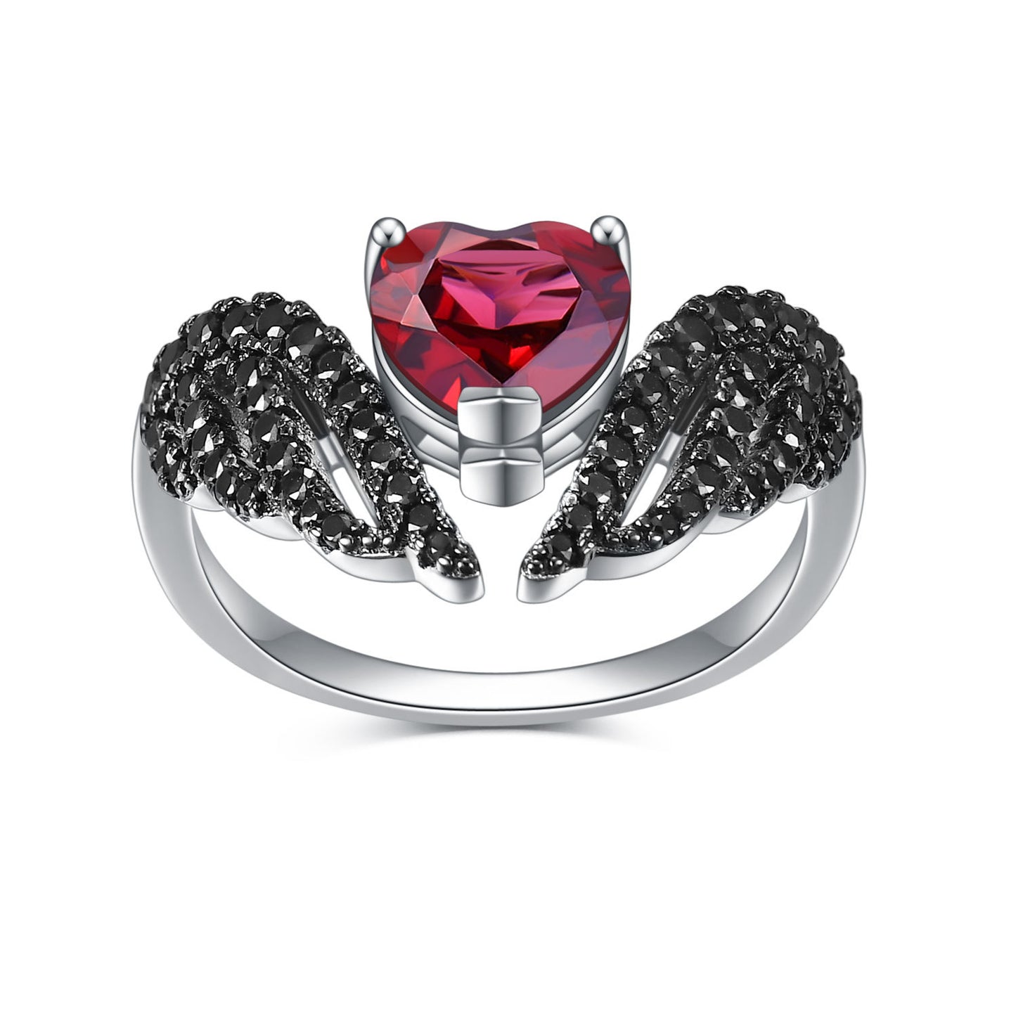 Dark Wings Heart Designer Natural Gemstone Ring s925Sterling Silver Inlaid Garnet Ring
