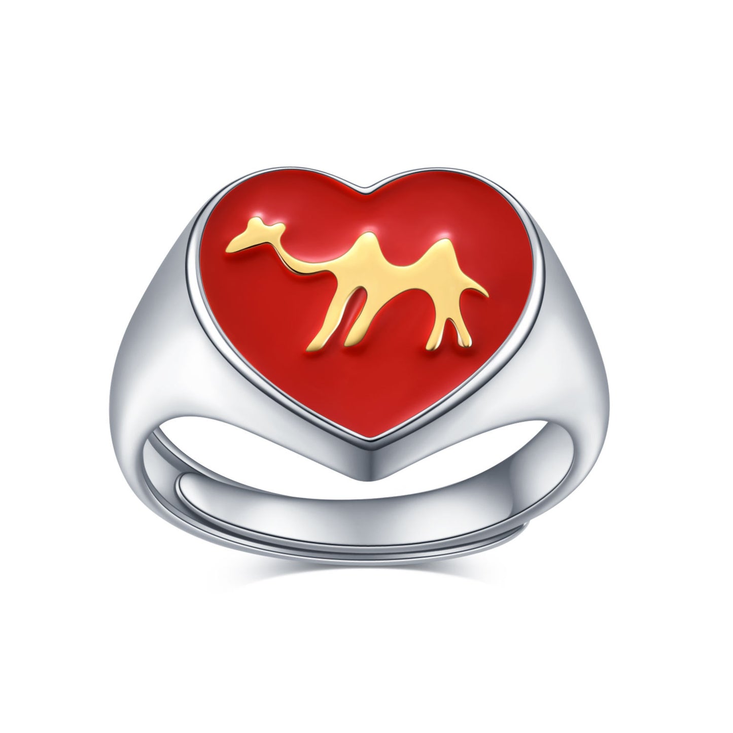 Red Enamel Camel Ring Earrings Bracelet with Safety Pin s925Sterling Silver Unique Personality Three-Piece Jewelry Set Heart Shape