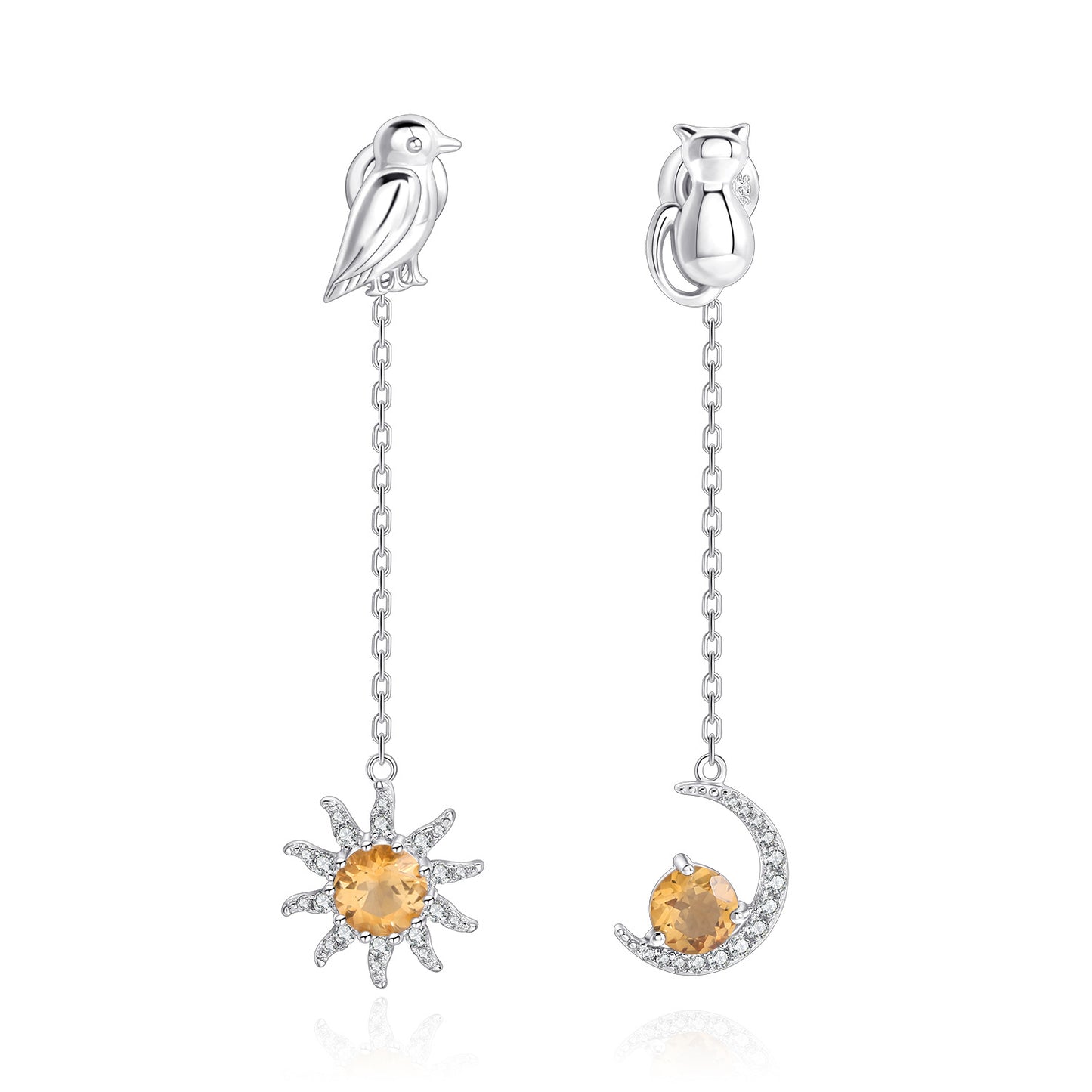 Fashion Sun and Moon Natural Gemstone Earrings Crystal Garnet Topaz S925Sterling Silver Long Gemstone Earrings