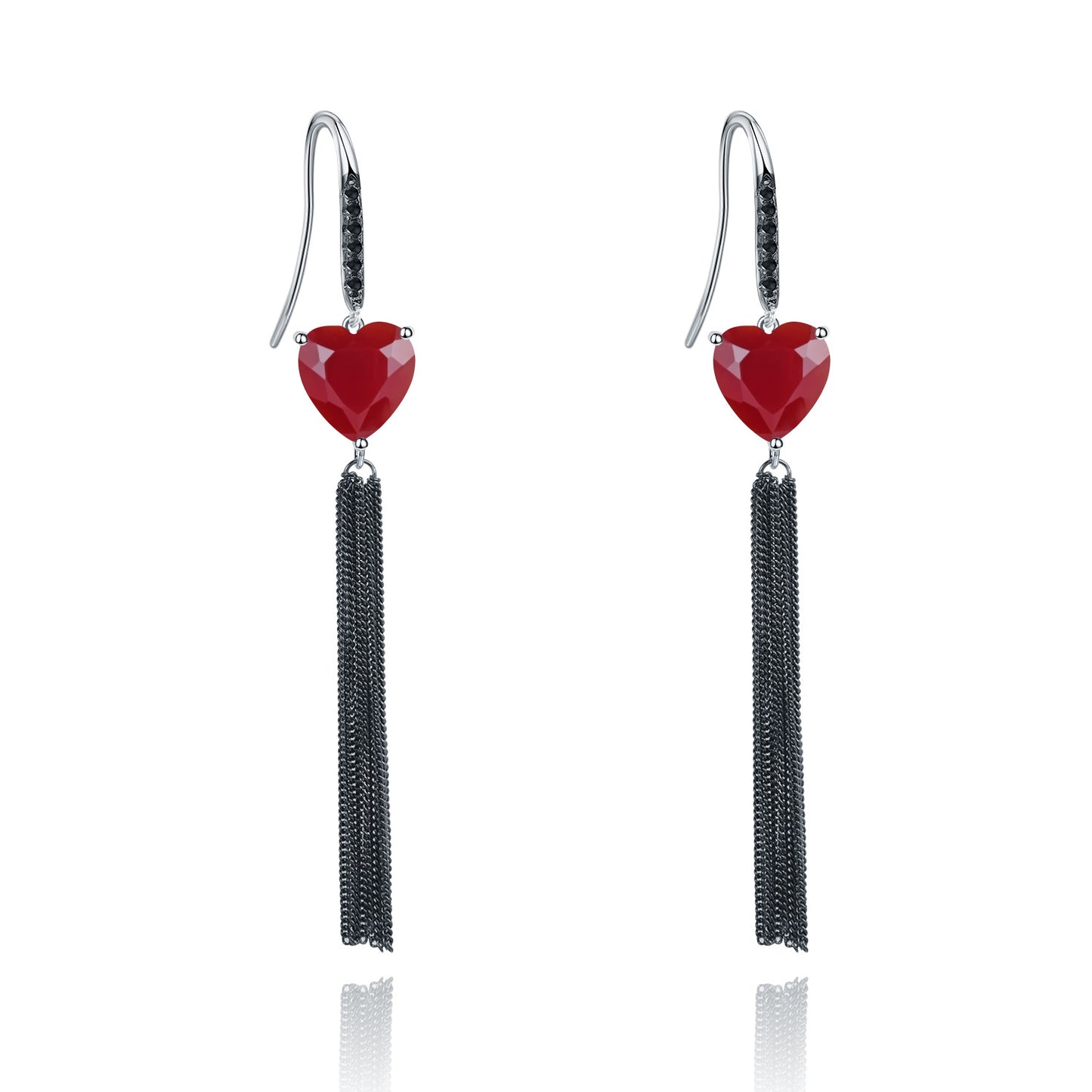 Designer Natural Gemstone Heart Tassel Earrings Sophisticated Design s925Silver and Black Onyx Earrings