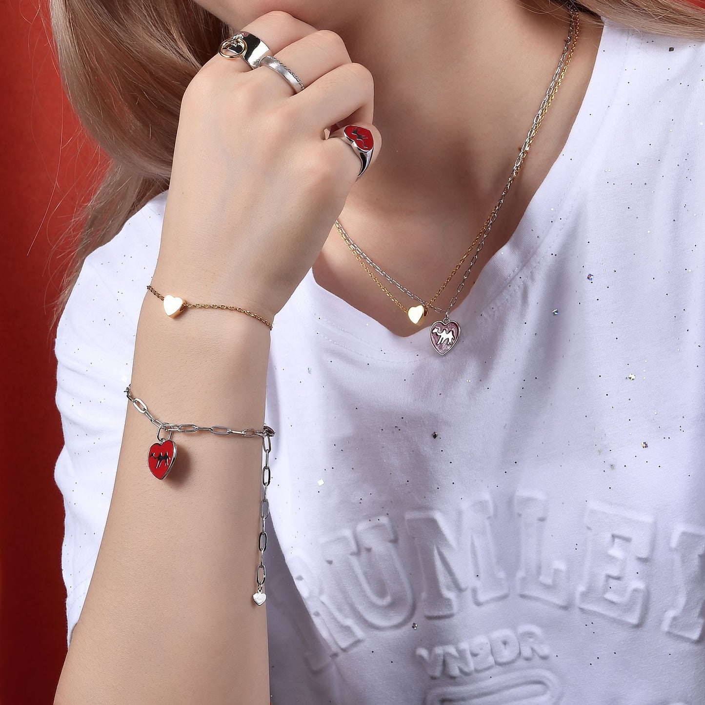 Red Enamel Camel Ring Earrings Bracelet with Safety Pin s925Sterling Silver Unique Personality Three-Piece Jewelry Set Heart Shape