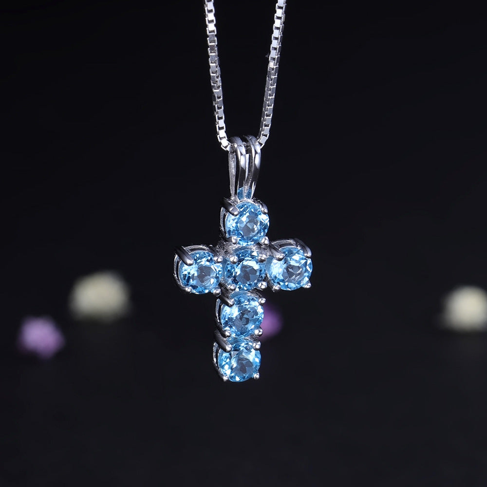 Personality s925Sterling Silver Inlaid Natural Topaz Necklace Pendant Light Luxury Fashion Cross Necklace Pendant