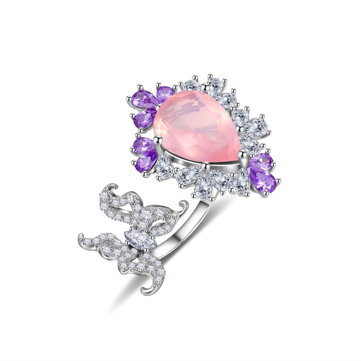 Original Design Natural Topaz Stone Open Ring s925Silver Inlaid Pink Crystal Large Main Stone Cross-border Gorgeous Ring for Women