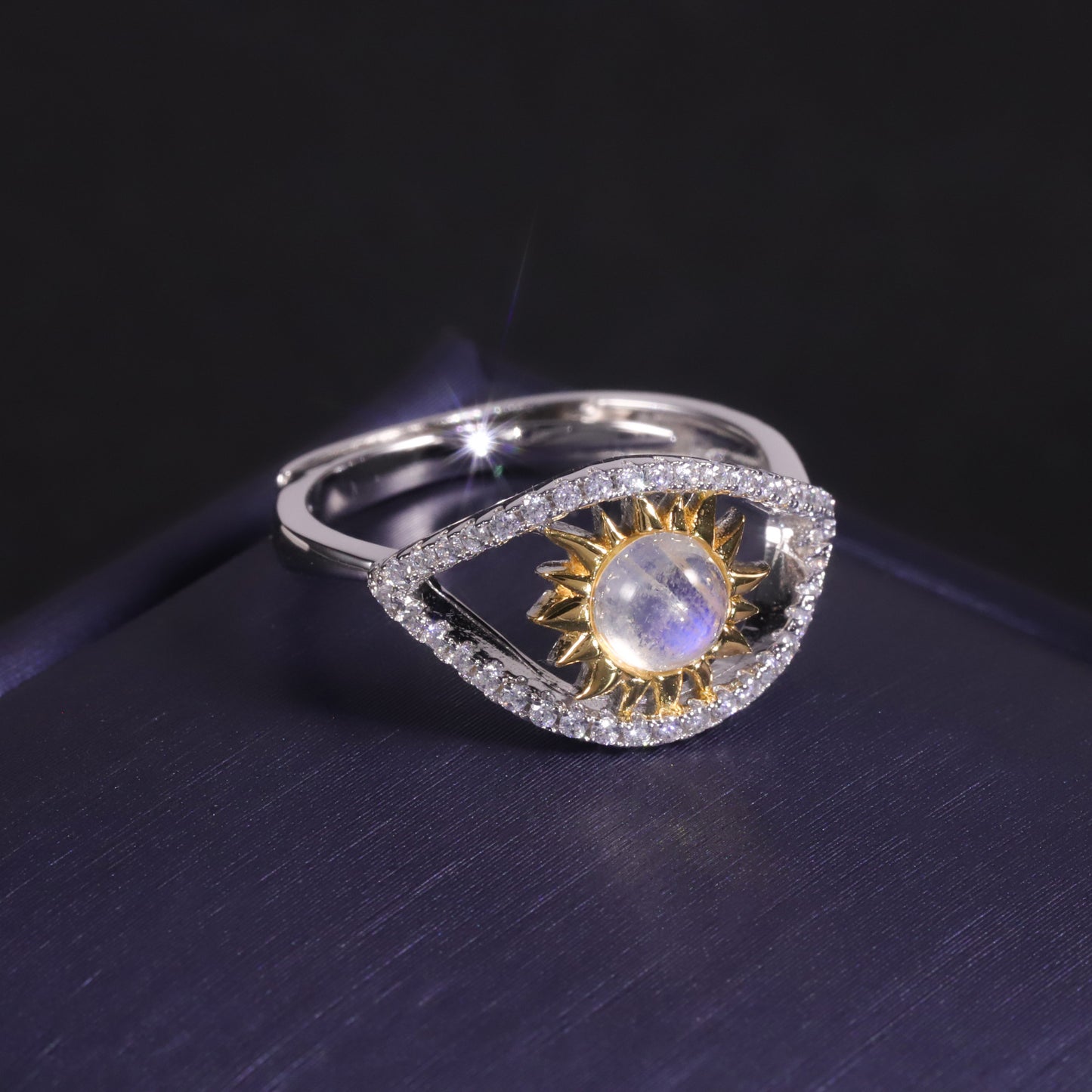 2023New High-End Demon Eye Natural Cream Blue Moonstone Ring Necklace Bracelet Set Three-Piece Set