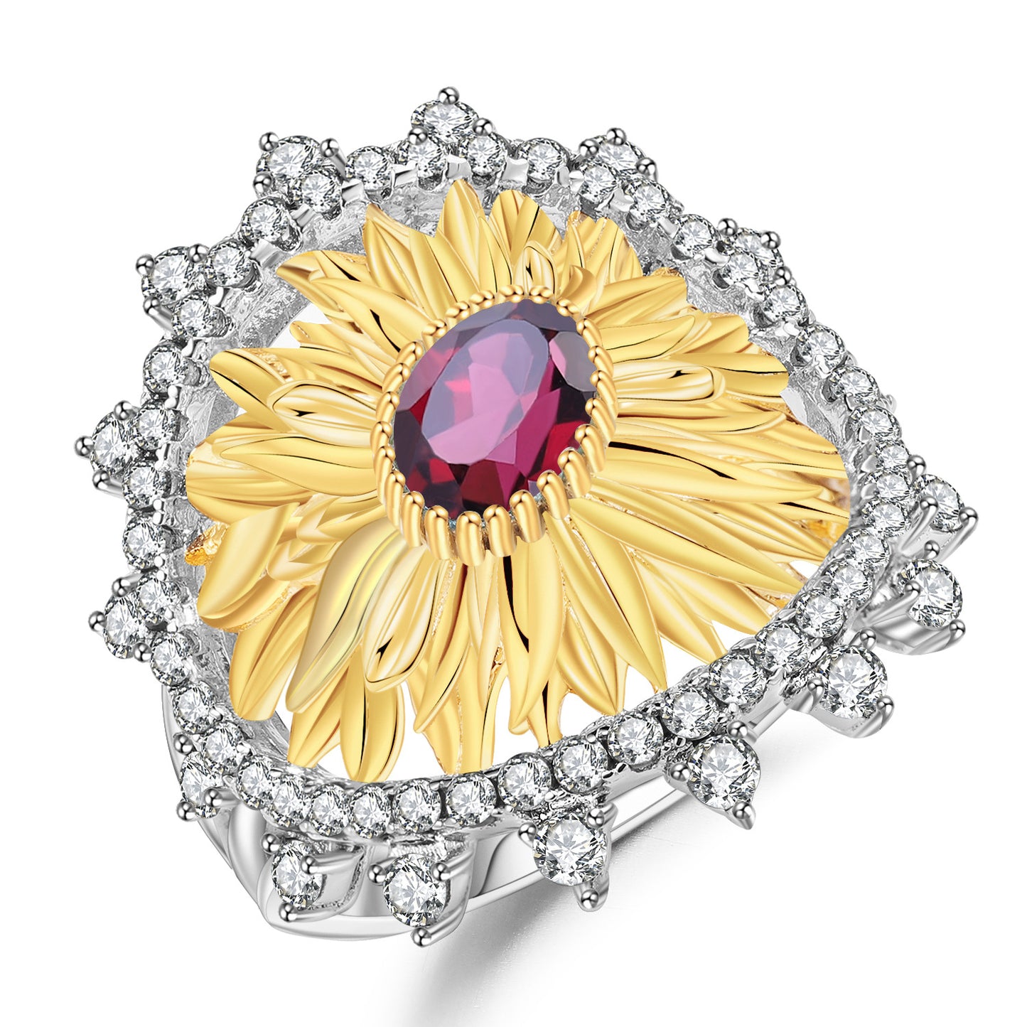 Original Designer Sunflower Ring Italian Craft Vintage Style925Sterling Silver Natural Topaz Ring