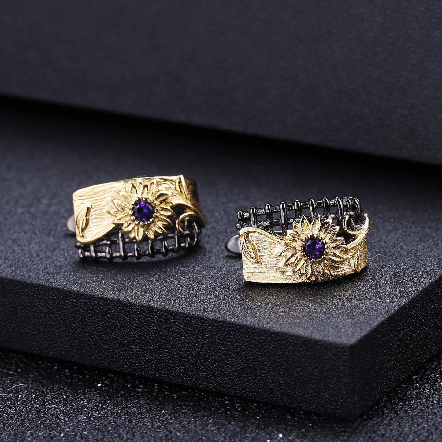 Italian Craft Designer Earrings Natural Style Floral Design925Silver Natural Amethyst Stud Earrings