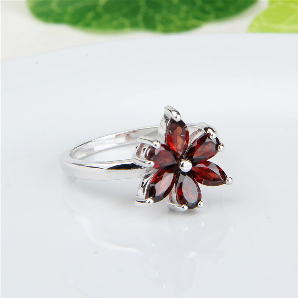 Flower Gemstone Ring for Women s925Sterling Silver Inlaid Natural Garnet Ring Sweet Style Silver Jewelry Wholesale In Stock