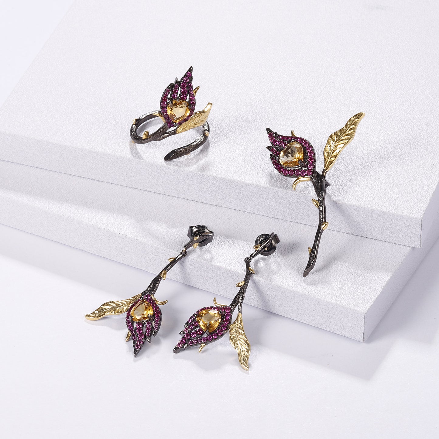 Designer High-End Floral Adjustable Ring Natural Style Design s925Silver Natural Yellow Crystal Ring