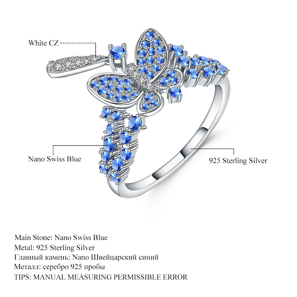 Designer Colorful Gemstone Ring High-end Sense Elegant Personality Luxurious Inlay s925Silver Swiss Blue Ring
