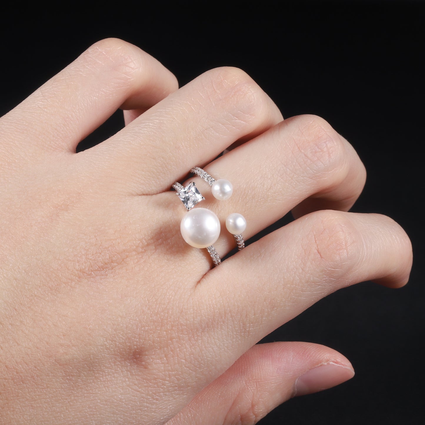 S925Sterling Silver Natural Freshwater Pearl Adjustable Open Ring for Women Fashionable and Elegant Light Luxury Gemstone Ring