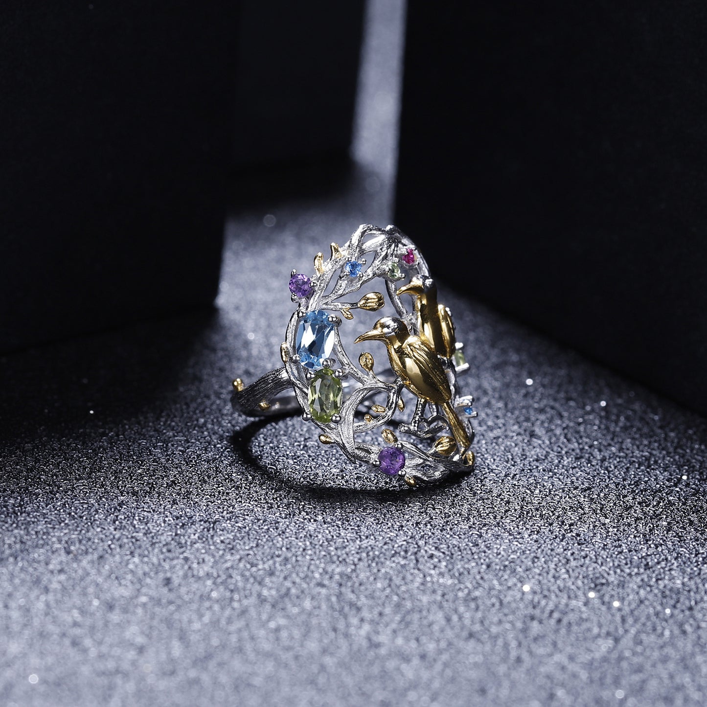 Designer High-End Sense Personality Chinese Style Ring Natural Wind Bird Design s925Silver natural gemstone ring