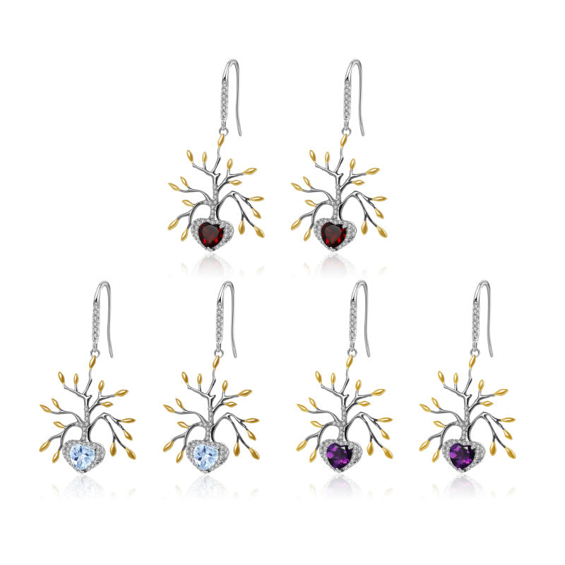 Designer High-End Natural Topaz Earrings Tree of Life Design Series925Silver Gemstone Stud Earrings