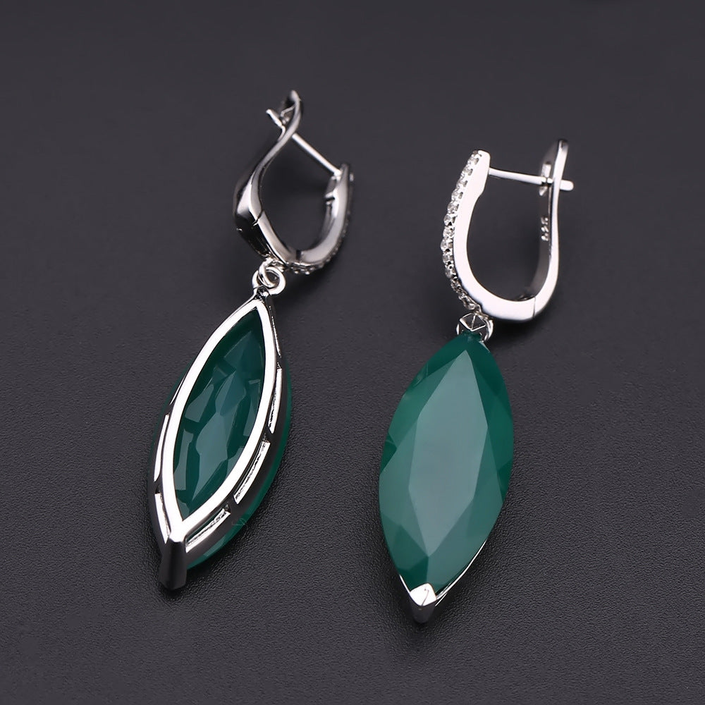 Jewelry Green Agate s925Silver Earrings Vintage Colorful Gemstone Natural Stone Crystal Earrings Jewelry