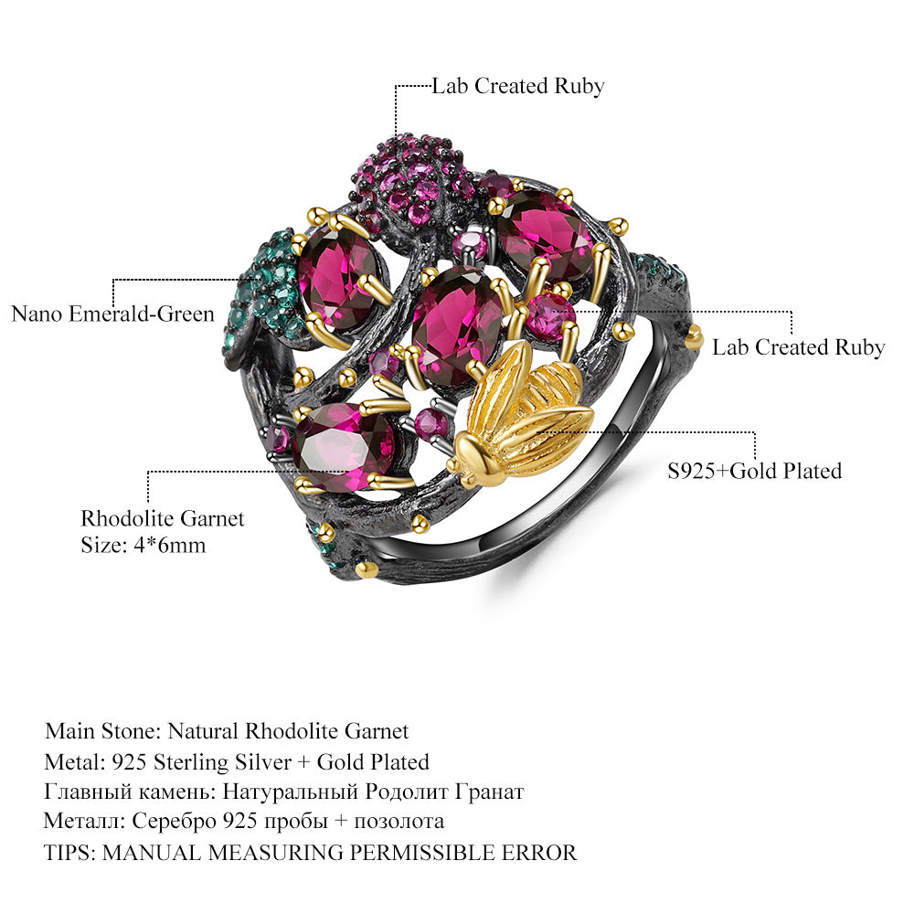 Secret Garden Designer Model Gemstone Ring Natural Wind Flower Design s925Sterling Silver Natural Rose Ring
