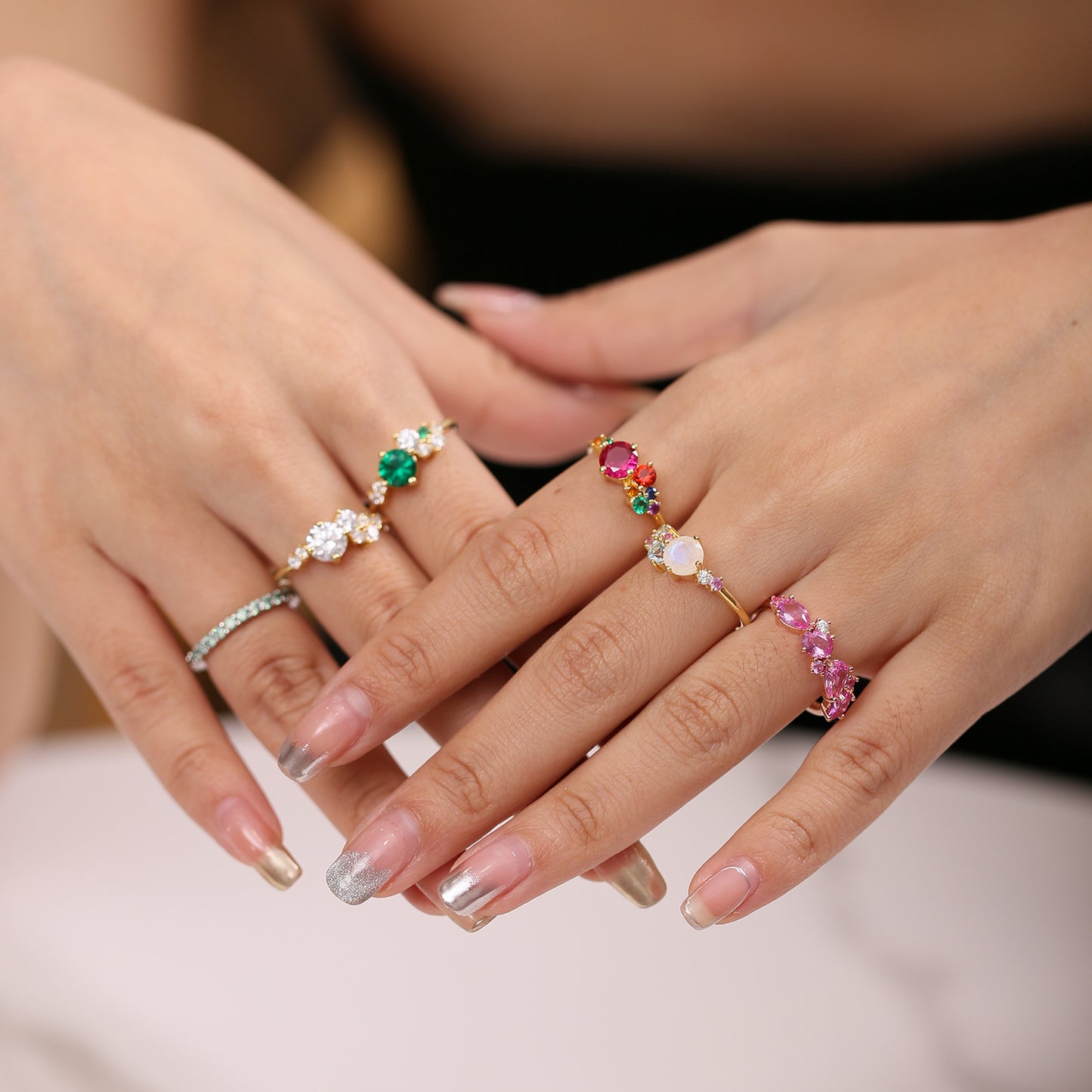 Jewelry S925Sterling Silver Inlaid Emerald Nano Gemstone Ring Fashionable and Luxurious Plated14k Gold ring