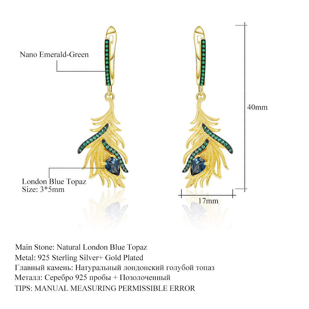 Designer High-End Gemstone Earrings Phoenix Feather Design s925Silver Natural Topaz Earrings Drop Earrings