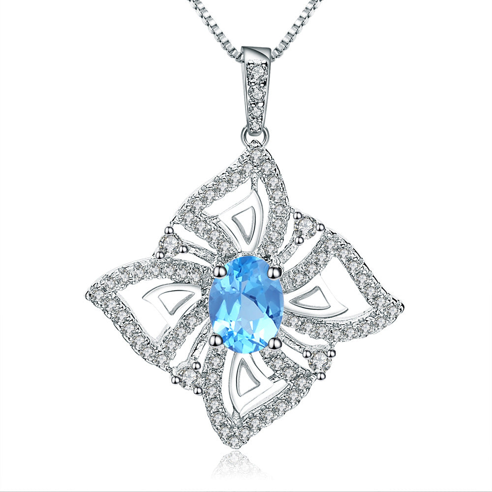 Design Light Luxury Jewelry Topaz Inlaid Sterling Silver Necklace Niche Design Petals Natural Colored Gems Pendant