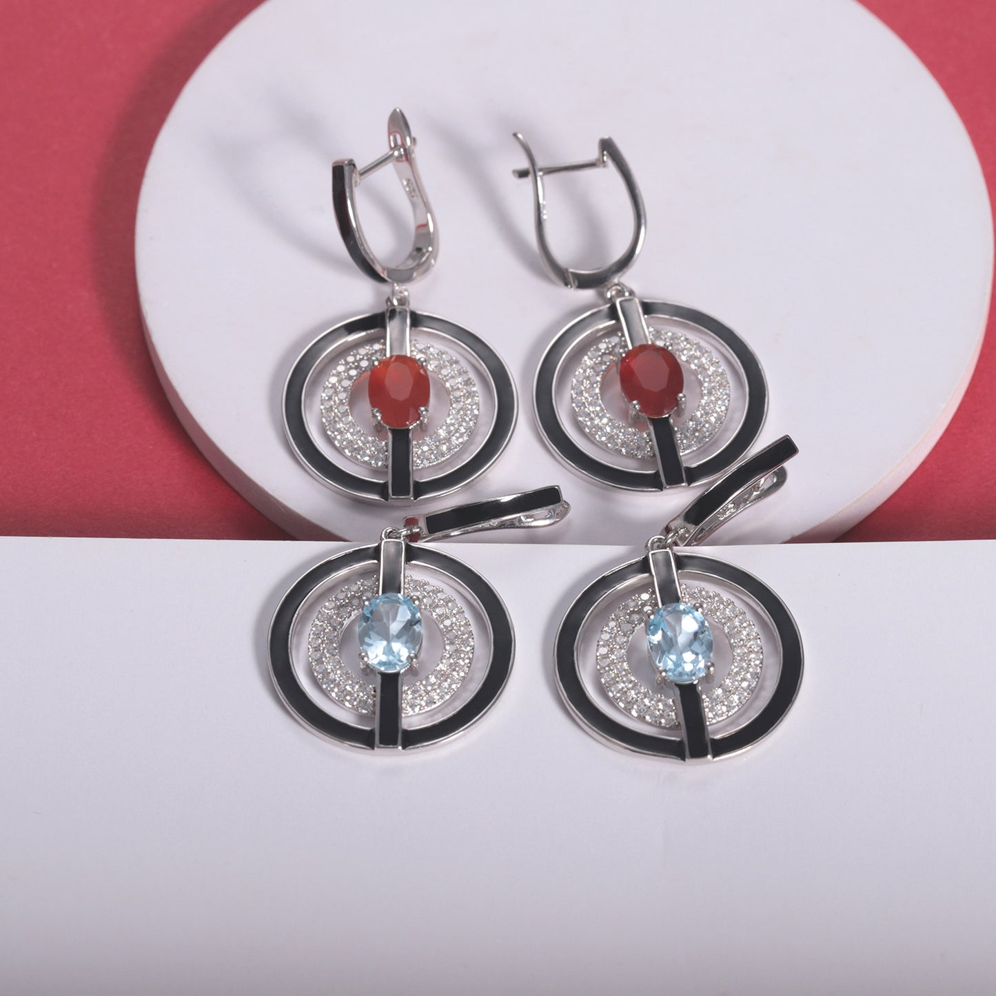 Designer Natural Topaz Enamel Earrings Unique Circular Design925Silver Color Gemstone Earrings