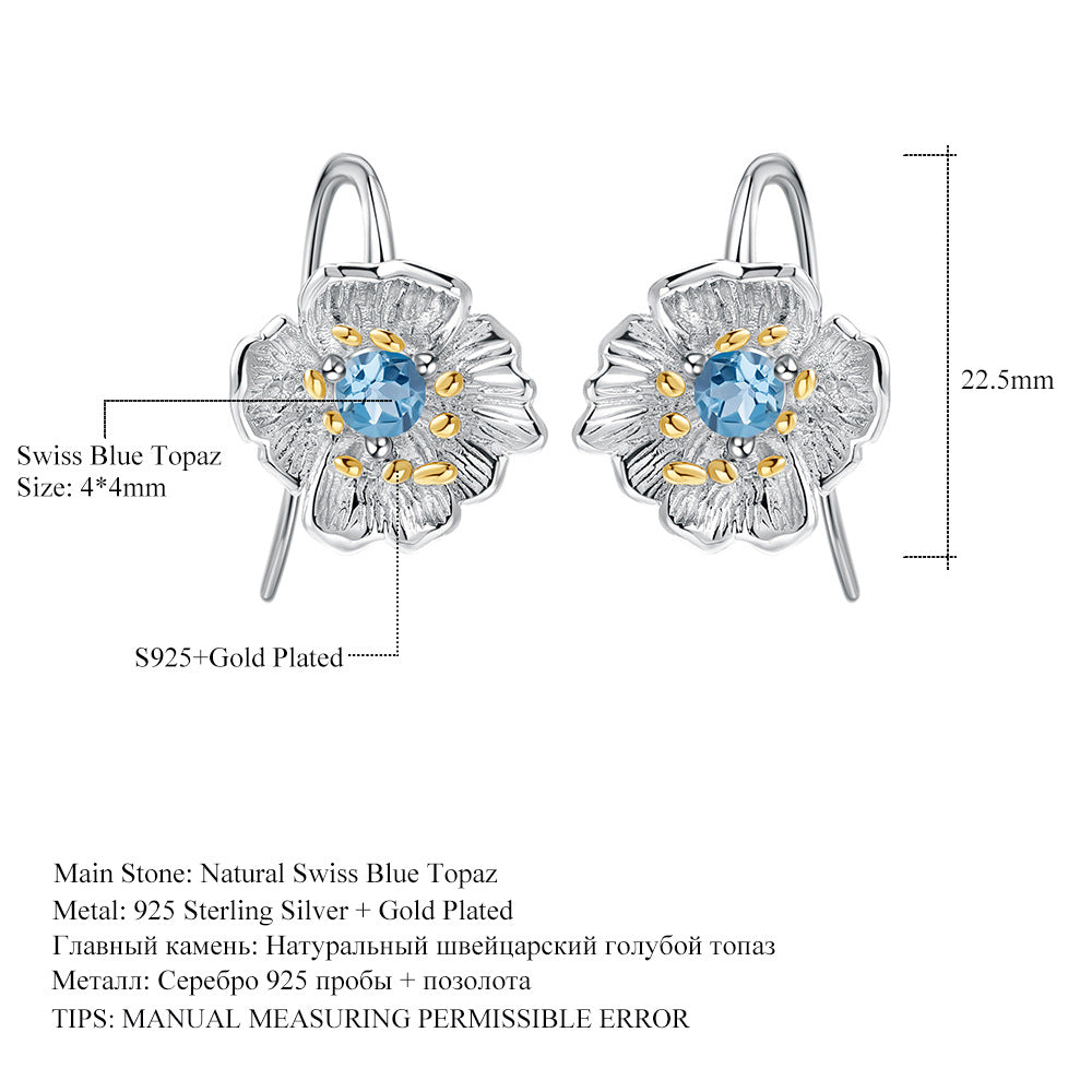 Designer High-End Gemstone Earrings Natural Style Floral Design925Silver Natural Topaz Stud Earrings