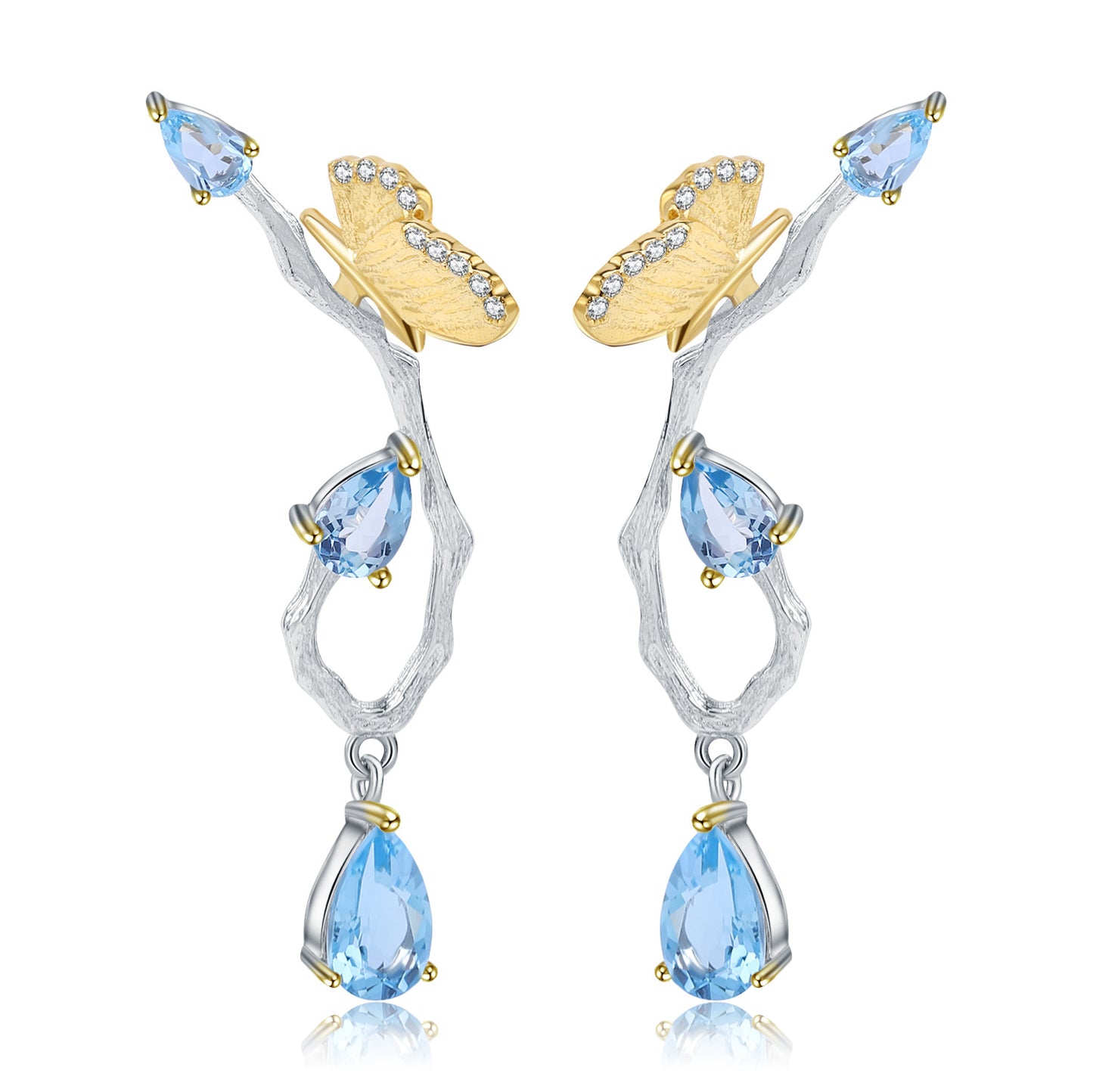 Secret Garden Designer Butterfly Earrings Natural Wind s925Sterling Silver Natural Topaz Earrings